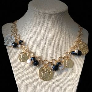 Greek Coin Black Onyx & Pearls Choker Handmade Necklace